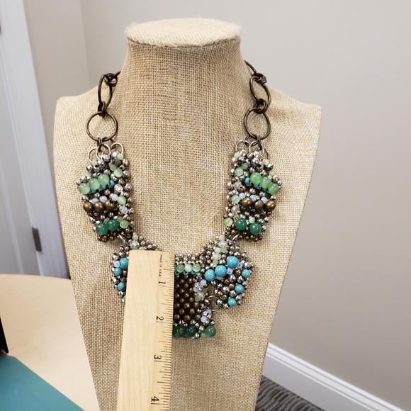 Pam Miran  green turquoise glass cats eye opalite beaded bib statemen necklace - Picture 14 of 14
